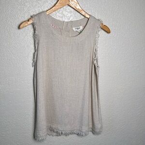 Umgee Women's Small Oatmeal Tan Sleeveless Top Raw Hem Linen‎ Blend Button Back